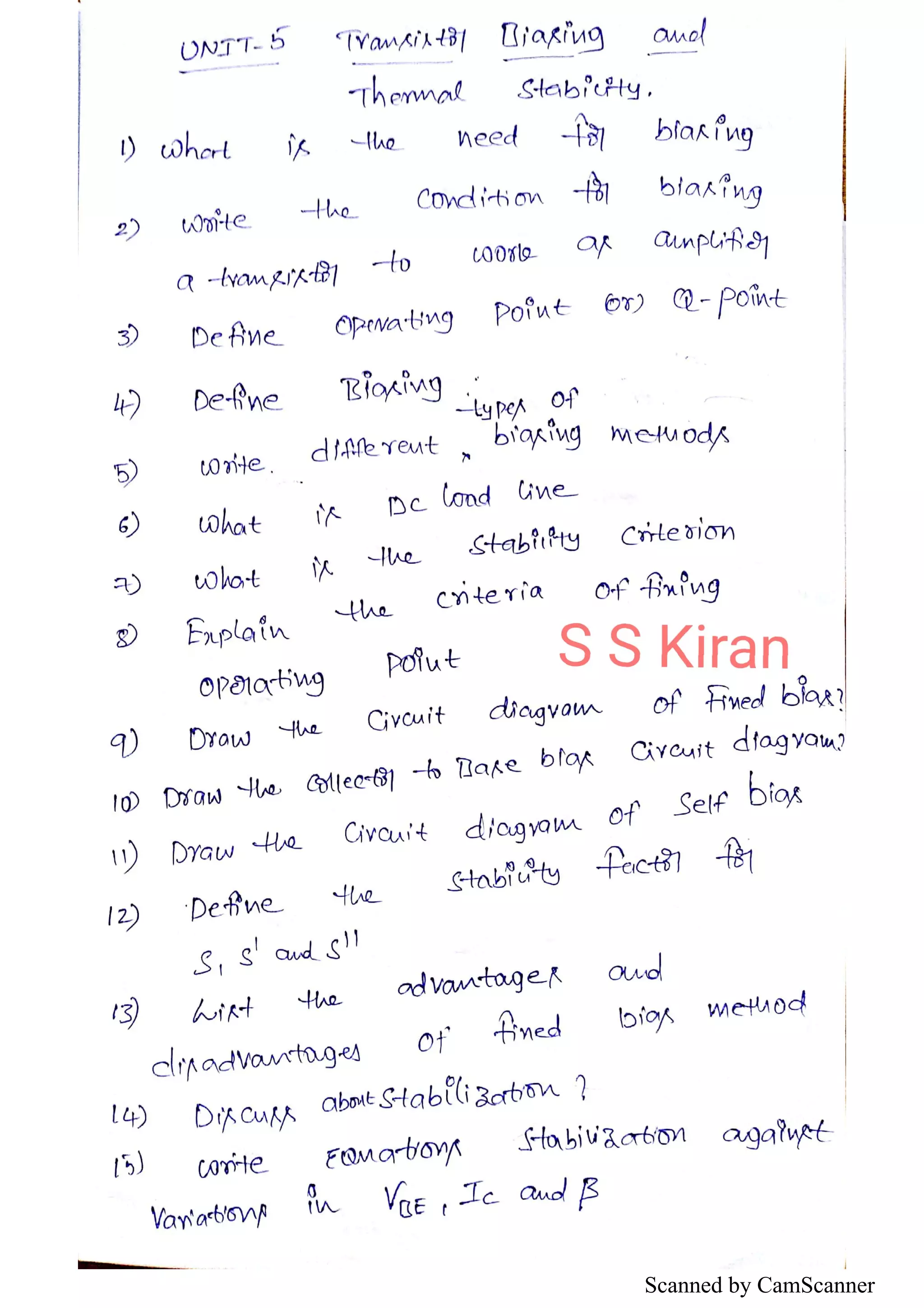 Transistor Biasing and Thermal Stabilization Short Question and Answers