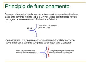 Principio de funcionamento Para que o transístor bipolar conduza é necessário que seja aplicada na Base uma corrente mínima (VBE ≥ 0,7 Volt), caso contrário não haverá passagem de corrente entre o Emissor e o Colector. IB = 0 O transístor não conduz (está ao corte) Se aplicarmos uma pequena corrente na base o transístor conduz e pode amplificar a corrente que passa do emissor para o colector. Uma pequena corrente entre a base e o emissor… … origina uma grande corrente entre o emissor e o colector 