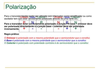 Polarização Para o transístor bipolar poder ser utilizado com interruptor, como amplificador ou como oscilador tem que estar devidamente polarizado através de uma fonte DC. Para o transístor estar correctamente polarizado a junção PN base – emissor deve ser polarizada directamente e a junção base – colector deve ser polarizada inversamente. Regra prática: O  Emissor  é polarizado com a mesma polaridade que o semicondutor que o constitui. A  Base  é polarizada com a mesma polaridade que o semicondutor que a constitui. O  Colector  é polarizado com polaridade contrária à do semicondutor que o constitui. Emissor Base Colector Emissor Base Colector P N P N P N + - - - + + 