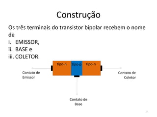Construção
tipo-n tipo-n
tipo-p
Contato de
Emissor
Contato de
Coletor
Contato de
Base
Os três terminais do transistor bipolar recebem o nome
de
i. EMISSOR,
ii. BASE e
iii. COLETOR.
7
 