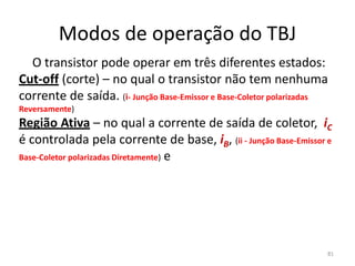 Modos de operação do TBJ
O transistor pode operar em três diferentes estados:
Cut-off (corte) – no qual o transistor não tem nenhuma
corrente de saída. (i- Junção Base-Emissor e Base-Coletor polarizadas
Reversamente)
Região Ativa – no qual a corrente de saída de coletor, iC
é controlada pela corrente de base, iB, (ii - Junção Base-Emissor e
Base-Coletor polarizadas Diretamente) e
81
 