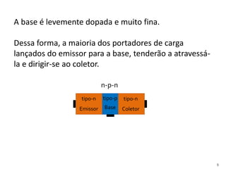 9
A base é levemente dopada e muito fina.
Dessa forma, a maioria dos portadores de carga
lançados do emissor para a base, tenderão a atravessá-
la e dirigir-se ao coletor.
tipo-n
Emissor
tipo-n
Coletor
tipo-p
Base
n-p-n
 