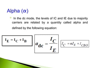 Alpha (α)
◦ In the dc mode, the levels of IC and IE due to majority
carriers are related by a quantity called alpha and
defined by the following equation:
 