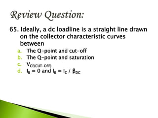 65. Ideally, a dc loadline is a straight line drawn
on the collector characteristic curves
between
a. The Q-point and cut-off
b. The Q-point and saturation
c. VCE(CUT-OFF)
d. IB = 0 and IB = IC / βDC
 