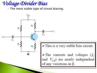 Voltage-Divider Bias
 The most stable type of circuit biasing.
 