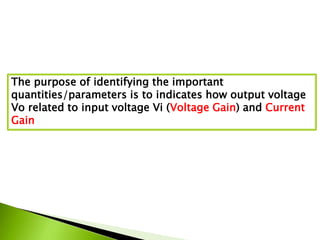 The purpose of identifying the important
quantities/parameters is to indicates how output voltage
Vo related to input voltage Vi (Voltage Gain) and Current
Gain
 