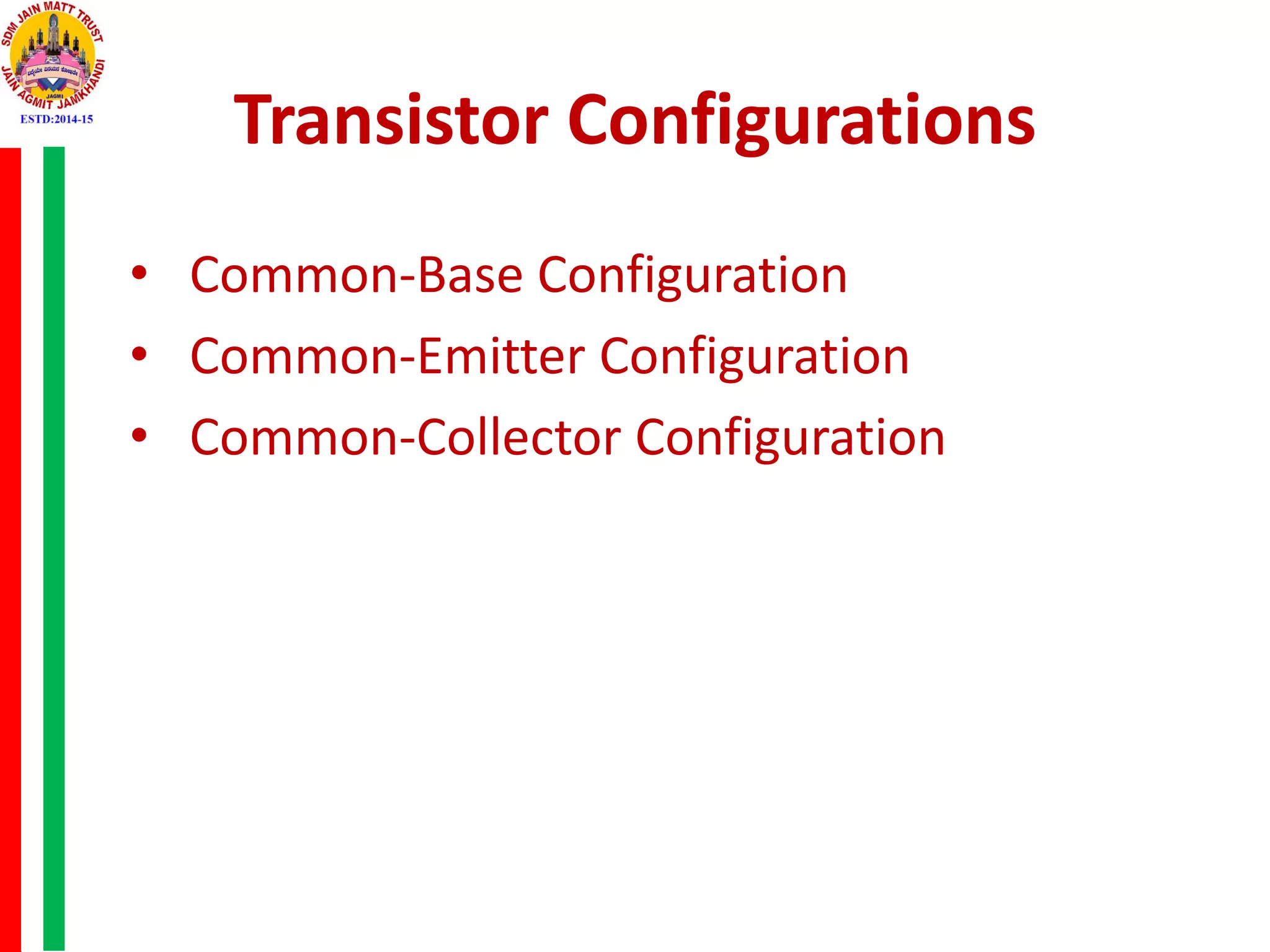 Transistor Configurations
• Common-Base Configuration
• Common-Emitter Configuration
• Common-Collector Configuration
 