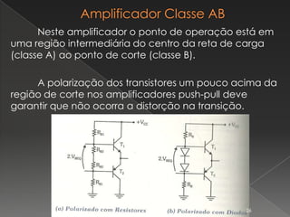 Neste amplificador o ponto de operação está em
uma região intermediária do centro da reta de carga
(classe A) ao ponto de corte (classe B).
A polarização dos transistores um pouco acima da
região de corte nos amplificadores push-pull deve
garantir que não ocorra a distorção na transição.
26
 