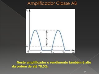 Neste amplificador o rendimento também é alto
da ordem de até 78,5%.
27
 