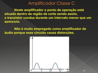 Neste amplificador o ponto de operação está
situado dentro da região de corte sendo assim,
o transistor conduz durante um intervalo menor que um
semiciclo.
Não é muito empregado como amplificador de
áudio porque esse circuito causa distorções.
28
 