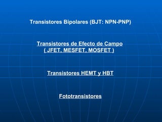 Transistores Bipolares (BJT: NPN-PNP) Transistores de Efecto de Campo ( JFET, MESFET, MOSFET )   Transistores HEMT y HBT Fototransistores 