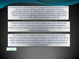 El tamaño de un transistor es muy pequeño en comparación a la
           válvula. Esto se debe a que esta construido de forma
     totalmente distinta. Se utiliza para su realización capas finas
    de material semiconductor que generalmente es germanio o
      silicio, al cual se le agregan impurezas de distinto tipo para
                que una capa actúe como base o colector.


   Podían desempeñar el mismo trabajo que una válvula de
   vacío, con la ventaja de ocupar mucho menos espacio y
disipar mucho menos calor y no gastarse como sucedía con el
                     emisor de las válvulas.

    los transistores se utilizan Mediante una pequeña señal
eléctrica aplicada en la base, se logra controlar el nivel de la
señal obtenida en el colector, con un valor mucho mayor, o
  bien cortándola por completo si se lo desea actuando así
                       como un interruptor.

volver
 
