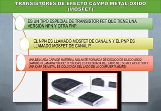 ES UN TIPO ESPECIAL DE TRANSISTOR FET QUE TIENE UNA
VERSIÓN NPN Y OTRA PNP.


   EL NPN ES LLAMADO MOSFET DE CANAL N Y EL PNP ES
   LLAMADO MOSFET DE CANAL P.

UNA DELGADA CAPA DE MATERIAL AISLANTE FORMADA DE DIÓXIDO DE SILICIO (SIO2)
(TAMBIÉN LLAMADA "SÍLICE" O "SÍLICA") ES COLOCADA DEL LADO DEL SEMICONDUCTOR Y
UNA CAPA DE METAL ES COLOCADA DEL LADO DE LA COMPUERTA (GATE)
 