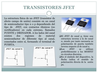 TRANSISTORES JFET

La estructura física de un JFET (transistor de
efecto campo de unión) consiste en un canal
de semiconductor tipo n o p dependiendo del
tipo de JFET, con contactos óhmicos (no
rectificadores) en cada extremo, llamados
FUENTE y DRENADOR. A los lados del canal
existen     dos     regiones   de    material    El JFET de canal p, tiene una
semiconductor de diferente tipo al canal,         estructura inversa a la de canal
conectados entre sí, formando el terminal de      n; siendo por tanto necesaria su
PUERTA.                                           polarización de puerta también
                                                  inversa respecto al de canal n.
                                                 Los      JFET       se    utilizan
                                                  preferiblemente a los MOSFET
                                                  en circuitos discretos.
                                                 En el símbolo del dispositivo, la
                                                  flecha indica el sentido de
                                                  polarización directa de la unión
                                                  pn.
 