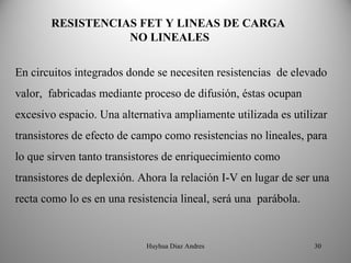 RESISTENCIAS FET Y LINEAS DE CARGA 
                  NO LINEALES


En circuitos integrados donde se necesiten resistencias de elevado
valor, fabricadas mediante proceso de difusión, éstas ocupan
excesivo espacio. Una alternativa ampliamente utilizada es utilizar
transistores de efecto de campo como resistencias no lineales, para
lo que sirven tanto transistores de enriquecimiento como
transistores de deplexión. Ahora la relación I-V en lugar de ser una
recta como lo es en una resistencia lineal, será una parábola.


                            Huyhua Diaz Andres                   30
 