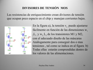 DIVISORES DE TENSIÓN  MOS

Las resistencias de enriquecimiento crean divisores de tensión
que ocupan poco espacio en el chip y manejan corrientes bajas.

                    En la figura a), la tensión vx puede ajustarse
                    fácilmente en función de las dimensiones w1
                    ,L1 y w2, L2 de los transistores M1 y M2,
                    con el adecuado diseño de las máscaras
                    Análogamente para conseguir dos o mas
                    tensiones , tal como se indica en al figura b)
                    Todas ellas estarán comprendidas dentro de
                    los valores de las alimentaciones.


                         Huyhua Diaz Andres                   34
 
