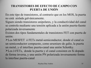 TRANSISTORES DE EFECTO DE CAMPO CON 
              PUERTA DE UNIÓN
En este tipo de transistores, al contrario que en los MOS, la puerta
no está aislada galvánicamente.
Siguen siendo transistores unipolares, y la conductividad del canal
se controla mediante una tensión aplicada a la unión puerta-fuente
polarizada inversamente
Existen dos tipos fundamentales de transistores FET con puerta de
unión:
Los MESFET ó FETs metal-semiconductor, donde el canal es
un semiconductor compuesto, como arseniuro de galio, la puerta
un metal, y el interfase puerta-canal una unión Schottky.
Los J-FETs, donde la puerta y el canal consisten en Si dopado
de forma inversa, y una unión PN polarizada inversamente forma
la interfase puerta-canal
                           Huyhua Diaz Andres                   35
 