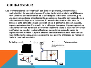 FOTOTRANSISTOR
Los fototransistores se construyen con silicio o germanio, similarmente a
   cualquier tipo de transistor bipolar. Existen tanto fototransistores NPN como
   PNP. Debido a que la radiación es la que dispara la base del transistor, y no
   una corriente aplicada eléctricamente, usualmente la patilla correspondiente a
   la base no se incluye en el transistor. El método de construcción es el de
   difusión. Este consiste en que se utiliza silicio o germanio, así como gases,
   impurezas o dopantes. Por medio de la difusión, los gases dopantes penetran
   la superficie sólida del silicio. Sobre una superficie sobre la cual ya ha ocurrido
   la difusión, se pueden realizar difusiones posteriores, creando capas de
   dopantes en el material. La parte exterior del fototransistor está hecha de un
   material llamado epoxy, que es una resina que permite el ingreso de radiación
   hacia la base del transistor.

   En la figura 10 se puede observar el aspecto físico de un fototransistor.
 