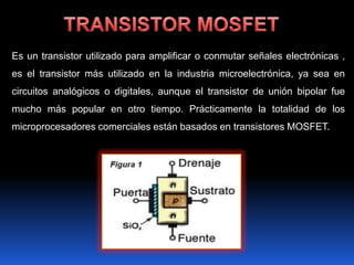 Es un transistor utilizado para amplificar o conmutar señales electrónicas ,
es el transistor más utilizado en la industria microelectrónica, ya sea en
circuitos analógicos o digitales, aunque el transistor de unión bipolar fue
mucho más popular en otro tiempo. Prácticamente la totalidad de los
microprocesadores comerciales están basados en transistores MOSFET.
 