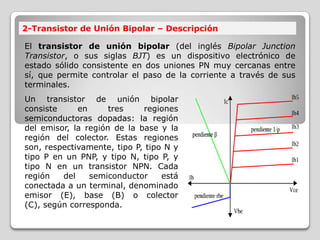 El transistor de unión bipolar (del inglés Bipolar Junction
Transistor, o sus siglas BJT) es un dispositivo electrónico de
estado sólido consistente en dos uniones PN muy cercanas entre
sí, que permite controlar el paso de la corriente a través de sus
terminales.
Un transistor de unión bipolar
consiste en tres regiones
semiconductoras dopadas: la región
del emisor, la región de la base y la
región del colector. Estas regiones
son, respectivamente, tipo P, tipo N y
tipo P en un PNP, y tipo N, tipo P, y
tipo N en un transistor NPN. Cada
región del semiconductor está
conectada a un terminal, denominado
emisor (E), base (B) o colector
(C), según corresponda.
2-Transistor de Unión Bipolar – Descripción
 