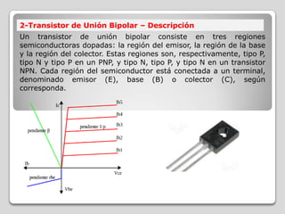 Un transistor de unión bipolar consiste en tres regiones
semiconductoras dopadas: la región del emisor, la región de la base
y la región del colector. Estas regiones son, respectivamente, tipo P,
tipo N y tipo P en un PNP, y tipo N, tipo P, y tipo N en un transistor
NPN. Cada región del semiconductor está conectada a un terminal,
denominado emisor (E), base (B) o colector (C), según
corresponda.
2-Transistor de Unión Bipolar – Descripción
 