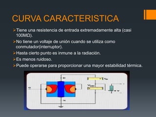 CURVA CARACTERISTICA
Tiene una resistencia de entrada extremadamente alta (casi
100MΩ).
No tiene un voltaje de unión cuando se utiliza como
conmutador(interruptor).
Hasta cierto punto es inmune a la radiación.
Es menos ruidoso.
Puede operarse para proporcionar una mayor estabilidad térmica.
 