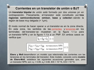 Corrientes en un transistor de unión o BJT
Un transistor bipolar de  unión  está  formado  por  dos  uniones  pn  en 
contraposición.  Físicamente,  el transistor  está  constituido  por tres
regiones semiconductoras -emisor, base y colector- siendo  la 
región de base muy delgada (< 1µm).
El modo normal de hacer operar a un transistor es en la zona directa. 
En  esta  zona,  los  sentidos  de  las corrientes  y tensiones en  los 
terminales  del transistor se  muestran  en  la  figura  1.1.a  para 
un transistor NPN y en  la figura 1.1.b a un PNP. En ambos  casos  se 
verifica que:
Ebers y Moll desarrollaron  un  modelo  que  relacionaba  las  corrientes  con  las 
tensiones en los terminales del transistor. Este modelo, conocido como modelo
de Ebers-Moll,  establece  las  siguientes  ecuaciones  generales  que,  para 
un transistor NPN, son: αF = 0.99, αR= 0.66, IES = 10-15
A, ICS = 10-15
A
 