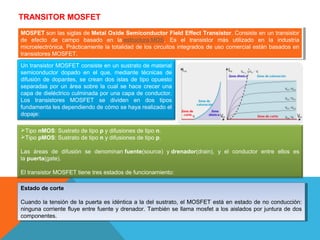 TRANSITOR MOSFET
MOSFET son las siglas de Metal Oxide Semiconductor Field Effect Transistor. Consiste en un transistor
MOSFET son las siglas de Metal Oxide Semiconductor Field Effect Transistor. Consiste en un transistor
de efecto de campo basado en la estructura MOS. Es el transistor más utilizado en la industria
de efecto de campo basado en la estructura MOS. Es el transistor más utilizado en la industria
microelectrónica. Prácticamente la totalidad de los circuitos integrados de uso comercial están basados en
microelectrónica. Prácticamente la totalidad de los circuitos integrados de uso comercial están basados en
transistores MOSFET.
transistores MOSFET.
Un transistor MOSFET consiste en un sustrato de material
semiconductor dopado en el que, mediante técnicas de
difusión de dopantes, se crean dos islas de tipo opuesto
separadas por un área sobre la cual se hace crecer una
capa de dieléctrico culminada por una capa de conductor.
Los transistores MOSFET se dividen en dos tipos
fundamenta les dependiendo de cómo se haya realizado el
dopaje:
Tipo nMOS: Sustrato de tipo p y difusiones de tipo n.
Tipo pMOS: Sustrato de tipo n y difusiones de tipo p.
Las áreas de difusión se denominan fuente(source) y drenador(drain), y el conductor entre ellos es
la puerta(gate).
El transistor MOSFET tiene tres estados de funcionamiento:
Estado de corte
Estado de corte
Cuando la tensión de la puerta es idéntica aala del sustrato, el MOSFET está en estado de no conducción:
Cuando la tensión de la puerta es idéntica la del sustrato, el MOSFET está en estado de no conducción:
ninguna corriente fluye entre fuente yydrenador. También se llama mosfet aalos aislados por juntura de dos
ninguna corriente fluye entre fuente drenador. También se llama mosfet los aislados por juntura de dos
componentes.
componentes.

 
