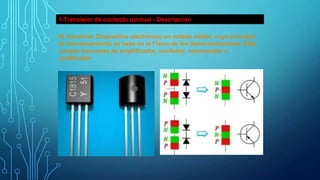 1-Transistor de contacto puntual - Descripción
El transistor. Dispositivo electrónico en estado sólido, cuyo principio
de funcionamiento se basa en la Física de los Semiconductores. Este
cumple funciones de amplificador, oscilador, conmutador o
rectificador

 