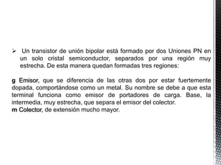 Un transistor de unión bipolar está formado por dos Uniones PN en
un solo cristal semiconductor, separados por una región muy
estrecha. De esta manera quedan formadas tres regiones:
g Emisor, que se diferencia de las otras dos por estar fuertemente
dopada, comportándose como un metal. Su nombre se debe a que esta
terminal funciona como emisor de portadores de carga. Base, la
intermedia, muy estrecha, que separa el emisor del colector.
m Colector, de extensión mucho mayor.

 