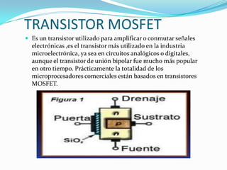 TRANSISTOR MOSFET
 Es un transistor utilizado para amplificar o conmutar señales

electrónicas ,es el transistor más utilizado en la industria
microelectrónica, ya sea en circuitos analógicos o digitales,
aunque el transistor de unión bipolar fue mucho más popular
en otro tiempo. Prácticamente la totalidad de los
microprocesadores comerciales están basados en transistores
MOSFET.

 