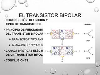 EL TRANSISTOR BIPOLAR
• INTRODUCCIÓN: DEFINICIÓN Y
TIPOS DE TRANSISTORES
• PRINCIPIO DE FUNCIONAMIENTO
DEL TRANSISTOR BIPOLAR
 TRANSISTOR TIPO PNP

 TRANSISTOR TIPO NPN
• CARACTERÍSTICAS ELÉCTRICAS
DE UN TRANSISTOR BIPOLAR
• CONCLUSIONES

 