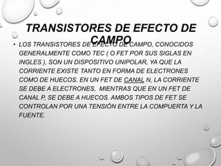 •

TRANSISTORES DE EFECTO DE
LOS TRANSISTORES DECAMPO
EFECTO DE CAMPO, CONOCIDOS
GENERALMENTE COMO TEC ( O FET POR SUS SIGLAS EN
INGLES ), SON UN DISPOSITIVO UNIPOLAR, YA QUE LA
CORRIENTE EXISTE TANTO EN FORMA DE ELECTRONES
COMO DE HUECOS. EN UN FET DE CANAL N, LA CORRIENTE
SE DEBE A ELECTRONES, MIENTRAS QUE EN UN FET DE
CANAL P, SE DEBE A HUECOS. AMBOS TIPOS DE FET SE
CONTROLAN POR UNA TENSIÓN ENTRE LA COMPUERTA Y LA
FUENTE.

 
