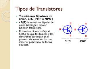 Tipos de Transistores
 Transistores Bipolares de
unión, BJT. ( PNP o NPN )
 - BJT, de transistor bipolar de
unión (del ingles, Bipolar
Junction Transistor).
 El termino bipolar refleja el
hecho de que los huecos y los
electrones participan en el
proceso de inyección hacia el
material polarizado de forma
opuesta.
 
