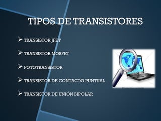 TIPOS DE TRANSISTORES
TRANSISTOR JFET
TRANSISTOR MOSFET
FOTOTRANSISTOR
TRANSISTOR DE CONTACTO PUNTUAL
TRANSISTOR DE UNIÓN BIPOLAR
 