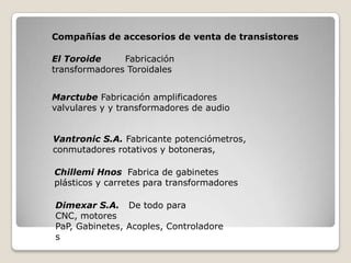 Compañías de accesorios de venta de transistores
El Toroide Fabricación
transformadores Toroidales
Marctube Fabricación amplificadores
valvulares y y transformadores de audio
Vantronic S.A. Fabricante potenciómetros,
conmutadores rotativos y botoneras,
Chillemi Hnos Fabrica de gabinetes
plásticos y carretes para transformadores
Dimexar S.A. De todo para
CNC, motores
PaP, Gabinetes, Acoples, Controladore
s
 