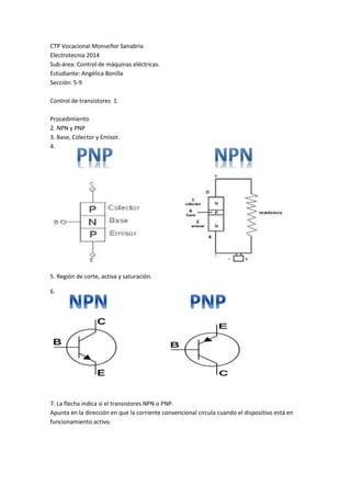 CTP Vocacional Monseñor Sanabria
Electrotecnia 2014
Sub-área: Control de máquinas eléctricas.
Estudiante: Angélica Bonilla
Sección: 5-9
Control de transistores 1.
Procedimiento
2. NPN y PNP
3. Base, Colector y Emisor.
4.
5. Región de corte, activa y saturación.
6.
7. La flecha indica si el transistores NPN o PNP.
Apunta en la dirección en que la corriente convencional circula cuando el dispositivo está en
funcionamiento activo.
 