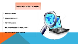 TTTTIIIIPPPPOOOOSSSS DDDDEEEE TTTTRRRRAAAANNNNSSSSIIIISSSSTTTTOOOORRRREEEESSSS 
 TRANSISTOR JFET 
 TRANSISTOR MOSFET 
 FOTOTRANSISTOR 
 TRANSISTOR DE CONTACTO PUNTUAL 
 TRANSISTOR DE UNIÓN BIPOLAR 
 