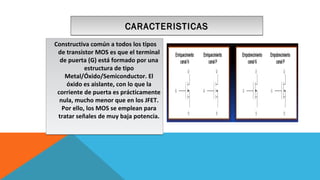 CCCCAAAARRRRAAAACCCCTTTTEEEERRRRIIIISSSSTTTTIIIICCCCAAAASSSS 
Constructiva común a todos los tipos 
de transistor MOS es que el terminal 
de puerta (G) está formado por una 
estructura de tipo 
Metal/Óxido/Semiconductor. El 
óxido es aislante, con lo que la 
corriente de puerta es prácticamente 
nula, mucho menor que en los JFET. 
Por ello, los MOS se emplean para 
tratar señales de muy baja potencia. 
 