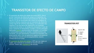 TRANSISTOR DE EFECTO DE CAMPO 
• El transistor de efecto de campo de unión (JFET), fue el 
primer transistor de efecto de campo en la práctica. Lo 
forma una barra de material semiconductor de silicio de 
tipo N o P. En los terminales de la barra se establece un 
contacto óhmico, tenemos así un transistor de efecto de 
campo tipo N de la forma más básica. Si se difunden dos 
regiones P en una barra de material N y se conectan 
externamente entre sí, se producirá una puerta. A uno de 
estos contactos le llamaremos surtidor y al otro drenador. 
Aplicando tensión positiva entre el drenador y el surtidor 
y conectando la puerta al surtidor, estableceremos una 
corriente, a la que llamaremos corriente de drenador con 
polarización cero. Con un potencial negativo de puerta al 
que llamamos tensión de estrangulamiento, cesa la 
conducción en el canal. 
• El transistor de efecto de campo, o FET por sus siglas en 
inglés, que controla la corriente en función de una 
tensión; tienen alta impedancia de entrada. 
 