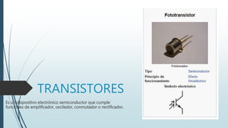 TRANSISTORES 
Es un dispositivo electrónico semiconductor que cumple 
funciones de amplificador, oscilador, conmutador o rectificador. 
 