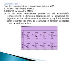 Características : 
Son dos características o tipo de transistores MOS: 
1. MOSFET de canal N o NMOS. 
2. MOSFET de cana P o PMOS. 
A su vez estos transistores pueden ser de acumulación 
(enhancement) o deflexión (deplexion);en la actualidad los 
segundos están prácticamente en desuso y aquí únicamente 
serán descritos los MOS de acumulación también conocidos 
como de enriquecimiento. 
 