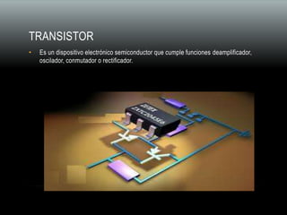 TRANSISTOR
• Es un dispositivo electrónico semiconductor que cumple funciones deamplificador,
oscilador, conmutador o rectificador.
 