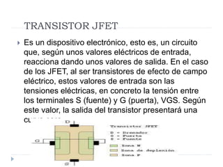 TRANSISTOR JFET
 Es un dispositivo electrónico, esto es, un circuito
que, según unos valores eléctricos de entrada,
reacciona dando unos valores de salida. En el caso
de los JFET, al ser transistores de efecto de campo
eléctrico, estos valores de entrada son las
tensiones eléctricas, en concreto la tensión entre
los terminales S (fuente) y G (puerta), VGS. Según
este valor, la salida del transistor presentará una
curva cara
 