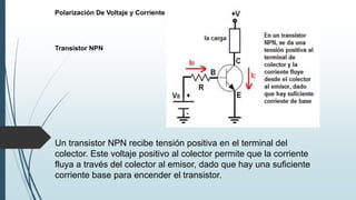 Polarización De Voltaje y Corriente
Transistor NPN
Un transistor NPN recibe tensión positiva en el terminal del
colector. Este voltaje positivo al colector permite que la corriente
fluya a través del colector al emisor, dado que hay una suficiente
corriente base para encender el transistor.
 