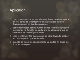 Aplicaion
 Los conocimientos se tendrán que llevar ,realizar, aplicar
en los tipos de laboratorio y ellas practicas que se
llevaran acabo en los días pasados
 Saber reconocer barios puntos de los cuales se pueden
mencionar la función de cada uno de ellos para que so
sirve cual es la configuraciones
 Leer y entender los puntos que se esta llevando acabo y
en cada capitulo que se le pide
 Cuando se tiene los conocimiento ya dados en clase las
ficha es un repaso
 