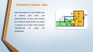 Esta polarización es más estable que
la anterior pero tiene una
realimentación, es decir toma tensión
de la salida a través de Rb y la vuelve
a ingresar por la base. Esto produce
interferencias en audio del
amplificador
 