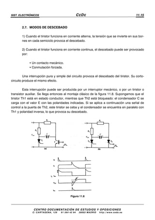 SIST. ELECTRÓNICOS CEDE 11.15
CENTRO DOCUMENTACIÓN DE ESTUDIOS Y OPOSICIONES
C/ CARTAGENA, 129 – 91 564 42 94 – 28002 MADRID – http://www.cede.es
2.7. MODOS DE DESCEBADO
1) Cuando el tiristor funciona en corriente alterna, la tensión que se invierte en sus bor-
nes en cada semiciclo provoca el descebado.
2) Cuando el tiristor funciona en corriente continua, el descebado puede ser provocado
por:
• Un contacto mecánico.
• Conmutación forzada.
Una interrupción pura y simple del circuito provoca el descebado del tiristor. Su corto-
circuito produce el mismo efecto.
Esta interrupción puede ser producida por un interruptor mecánico, o por un tiristor o
transistor auxiliar. Se llega entonces al montaje clásico de la figura 11.8. Supongamos que el
tiristor Th1 está en estado conductor, mientras que Th2 está bloqueado: el condensador C se
carga con el valor E con las polaridades indicadas. Si se aplica a continuación una señal de
control a la puerta de Th2, este tiristor se ceba y el condensador se encuentra en paralelo con
Th1 y polaridad inversa, lo que provoca su descebado.
Figura 11.8
 