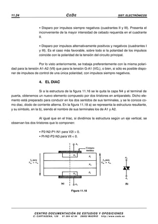 11.24 CEDE SIST. ELECTRÓNICOS
CENTRO DOCUMENTACIÓN DE ESTUDIOS Y OPOSICIONES
C/ CARTAGENA, 129 – 91 564 42 94 – 28002 MADRID – http://www.cede.es
• Disparo por impulsos siempre negativos (cuadrantes II y III). Presenta el
inconveniente de la mayor intensidad de cebado requerida en el cuadrante
II.
• Disparo por impulsos alternativamente positivos y negativos (cuadrantes I
y III). Es el caso más favorable, sobre todo si la polaridad de los impulsos
coincide con la polaridad de la tensión del circuito principal.
Por lo visto anteriormente, se trabaja preferentemente con la misma polari-
dad para la tensión A1-A2 (Vll) que para la tensión G-A1 (VG,), o bien, si sólo es posible dispo-
ner de impulsos de control de una única polaridad, con impulsos siempre negativos.
4. EL DIAC
Si a la estructura de la figura 11.16 se le quita la capa N4 y el terminal de
puerta, obtenemos un nuevo elemento compuesto por dos tiristores en antiparalelo. Dicho ele-
mento está preparado para conducir en los dos sentidos de sus terminales, y se le conoce co-
mo diac, diodo de corriente alterna. En la figura 11.18 a) se representa la estructura resultante,
y su símbolo, en la b), siendo el nombre de sus terminales los de A1 y A2.
Al igual que en el triac, si dividimos la estructura según un eje vertical, se
observan los dos tiristores que lo componen:
• P2-N2-P1-N1 para V2l > 0.
• Pl-N2-P2-N3 para Vll < 0.
Figura 11.18
 
