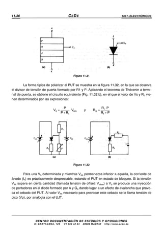 11.36 CEDE SIST. ELECTRÓNICOS
CENTRO DOCUMENTACIÓN DE ESTUDIOS Y OPOSICIONES
C/ CARTAGENA, 129 – 91 564 42 94 – 28002 MADRID – http://www.cede.es
Figura 11.31
La forma típica de polarizar al PUT se muestra en la figura 11.32, en la que se observa
el divisor de tensión de puerta formado por R1 y P. Aplicando el teorema de Thévenin a termi-
nal de puerta, se obtiene el circuito equivalente (Fig. 11.32 b), en el que el valor de Vs y RG vie-
nen determinados por las expresiones:
⋅
= ⋅ =
+ +
1
S GG G
1 1
P R P
V V y R
P R R P
Figura 11.32
Para una VS determinada y mientras VAA permanezca inferior a aquélla, la corriente de
ánodo (IA) es prácticamente despreciable, estando el PUT en estado de bloqueo. Si la tensión
VAA supera en cierta cantidad (llamada tensión de offset: Voffset) a VS se produce una inyección
de portadores en el diodo formado por A y GA dando lugar a un efecto de avalancha que provo-
ca el cebado del PUT. Al valor VAK necesario para provocar este cebado se le llama tensión de
pico (Vp), por analogía con el UJT.
 
